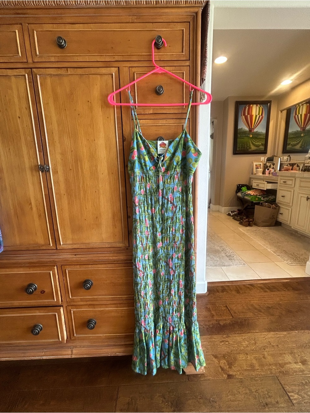 FARM Rio Green Floral Maxi Dress with Pink & Blue Accents